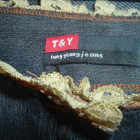 Rare Wide Leg Lace trim stretch jeans, Boho Western Prairie EUC, Y2K Size 28 -29 - Picture 6 of 6